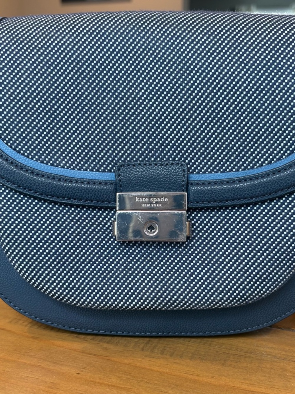 kate spade Navy and White Dot Textured Crossbody with Leather Trim